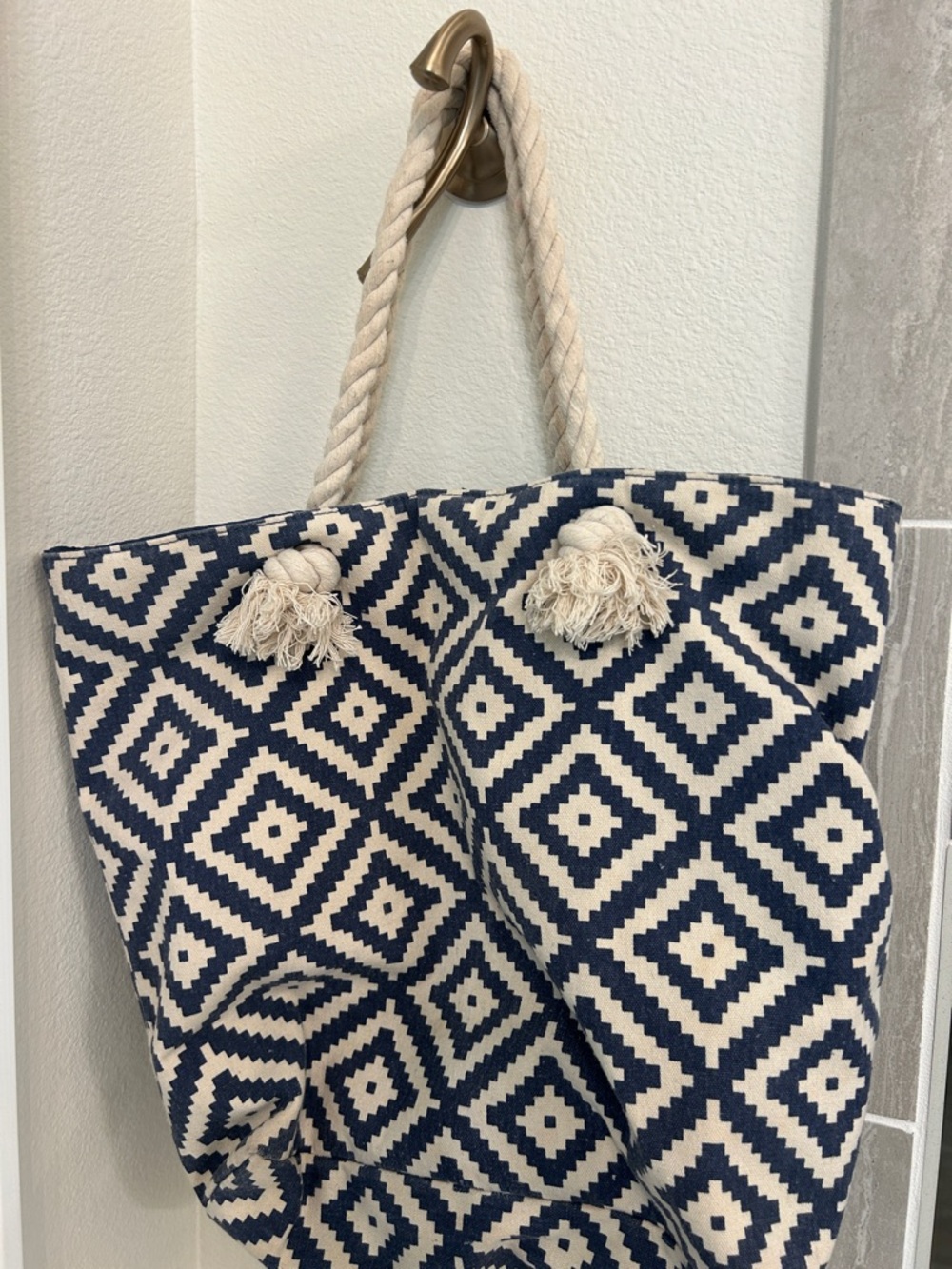 summer & rose Navy and Cream Geometric Tote with Rope Handles